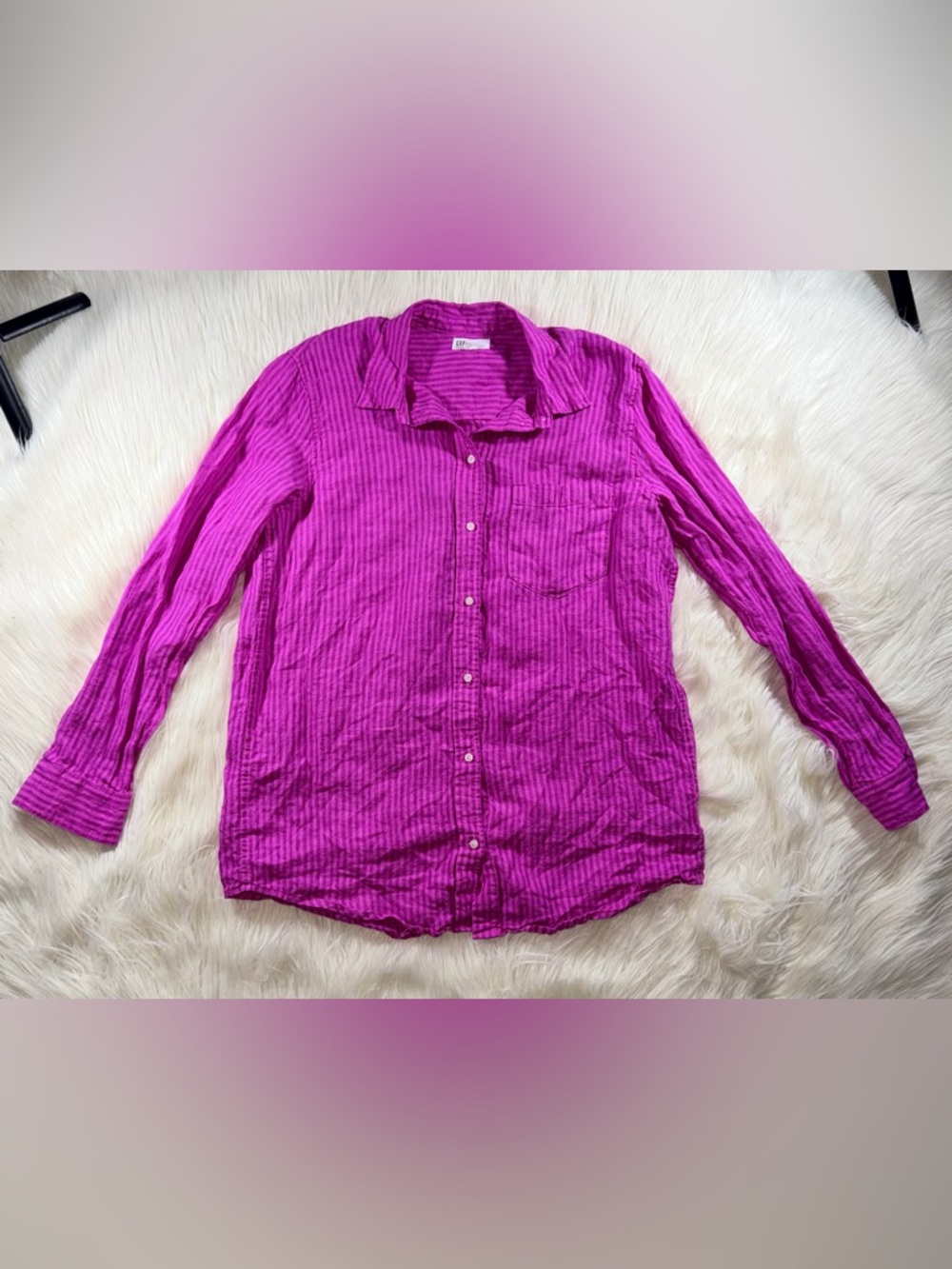 GAP Women’s XL Tall Vibrant Magenta Stripe 100%Linen Long-Sleeve Button-Up Shirt